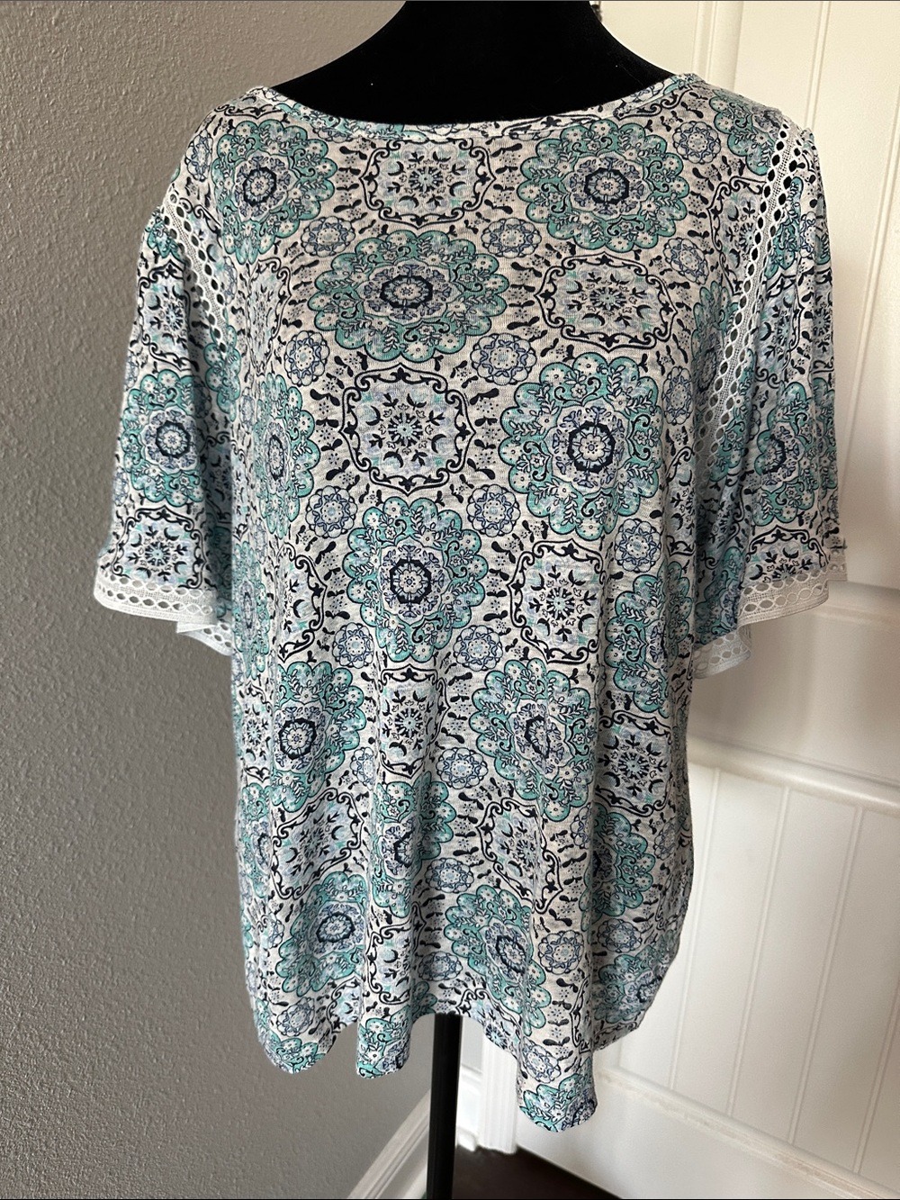 LOFT Linen collection Teal, Navy and White Short Sleeve Printed Top